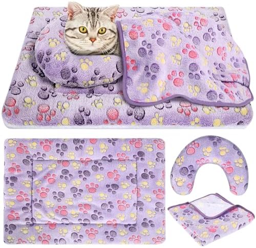 Namalu Cat Bed Mat with Soft Blanket and Pillow for Indoor Cats Cute Print Washable Crate Mat Fleece Warm Blanket Fluffy Pet Calming Half Donut U Shaped Neck Pillow for Small Dogs and Cats