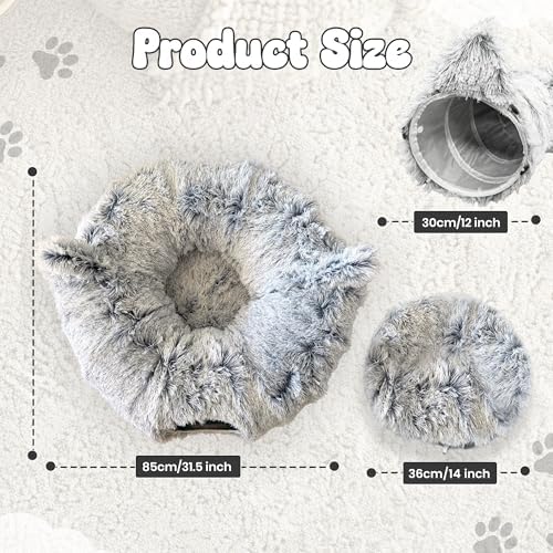 Cat Donut Tunnel Bed with 3pcs Mouse Ball Toy - Cat Tunnel for Under Christmas Tree & Cat Tunnel Bed Cave - Soft cat cave Bed – 3-in-1 Cat Tunnels for Indoor Cats, Kittens, Puppies, Rabbits (Grey)