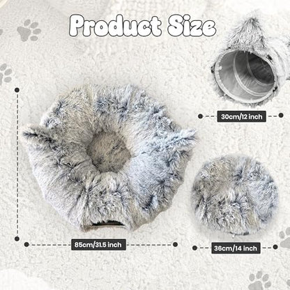 Cat Donut Tunnel Bed with 3pcs Mouse Ball Toy - Cat Tunnel for Under Christmas Tree & Cat Tunnel Bed Cave - Soft cat cave Bed – 3-in-1 Cat Tunnels for Indoor Cats, Kittens, Puppies, Rabbits (Grey)
