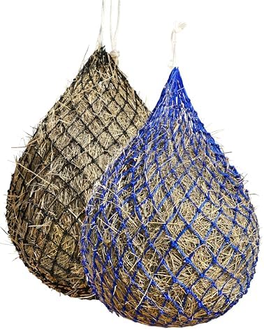 Harrison Howard 2 PCS Slow Feed Hay Net for Horses, 40 Inch Hay Bag Holds 1–2 Flakes, 2 Inch Mesh Durable Hanging Feeder for Stable, Pasture & Livestock-Blue & Black
