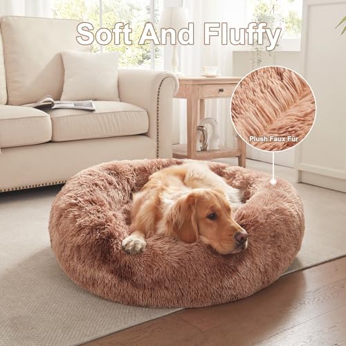 36 in Faux Fur Fluffy Donut Dog Bed for Large Dogs,Tie-dye Brown