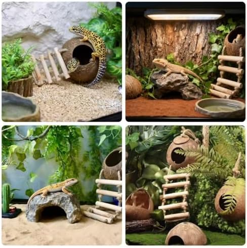Leopard Gecko Tank Accessories. Reptile Hammock Vines Plants with Coconut Shell Ladder Hideout Hermit Crab Decor for Bearded Dragon Lizard Chameleon Crested Gecko Tortoise Snake