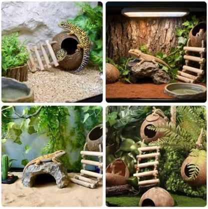 Leopard Gecko Tank Accessories. Reptile Hammock Vines Plants with Coconut Shell Ladder Hideout Hermit Crab Decor for Bearded Dragon Lizard Chameleon Crested Gecko Tortoise Snake(10PCS with Water Dish)