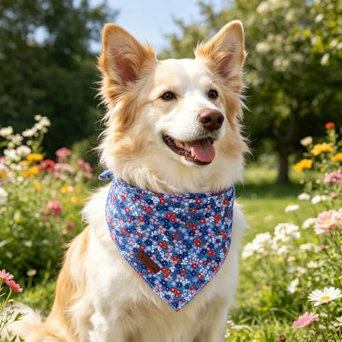 Spring Summer Dog Bandana, Red & Blue Floral Puppy Bandana for Small Medium Dog, Cotton Flower Pet Triangle Bid Scarf Kerchief for Girl Boy Dogs or Cats