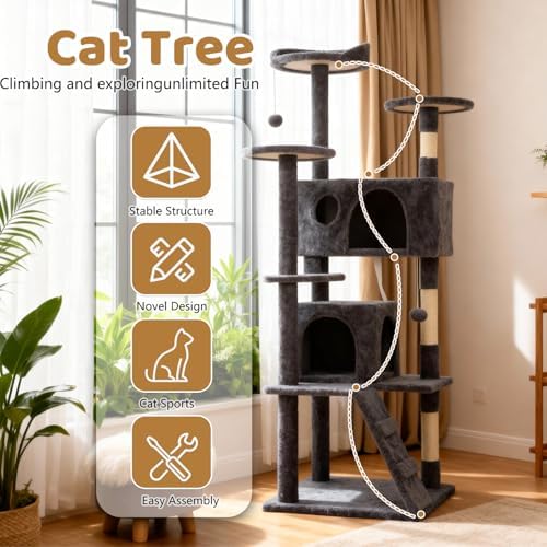 BestOffice 62 Inch Cat Tree, Multi-Level Cat Tower with Condo, Perches, Sisal Scratching Posts, Climbing Ladder,Indoor Activity Center Play House for Kittens & Adult Cats, Dark Gray