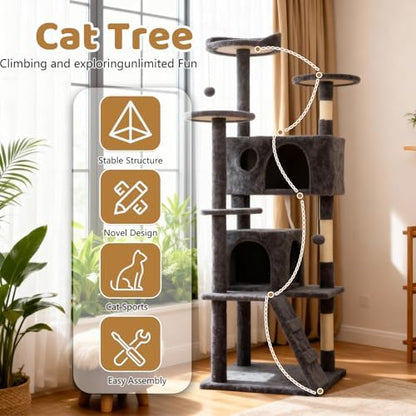 BestOffice 62 Inch Cat Tree, Multi-Level Cat Tower with Condo, Perches, Sisal Scratching Posts, Climbing Ladder,Indoor Activity Center Play House for Kittens & Adult Cats, Dark Gray