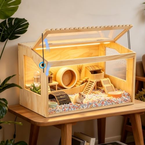 Wooden Hamster Cage, 24" Lx16 Wx16 H,Guinea Pig Cage, Small Animal Cage for Dwarf Syrian Hamsters Degus Mice & Other Small Pets. Hamster Habitat with Openable Top and Large Acrylic Sheets