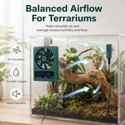 Reptile Ventilation Fan, Auto Temperature/Thermometer Control LED Digital Humidity Gauge, °C/°F Switchable Dehumidifier for Reptile Tank, Rainforest, Ecological Pet Rearing Box