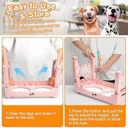 COMESOON Elevated Dog Bowls, 4 Height Adjustable Raised Bowl Stand with 2 Thick 50oz Stainless Steel Food Bowls Non-Slip Feeder Adjusts to 3.7'', 9.2'', 10.75'', 12.36'' Pink