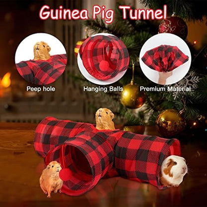 YUEPET 3 Way Bunny Hideout Tunnel, Guinea Pig Toys, Red Plaid