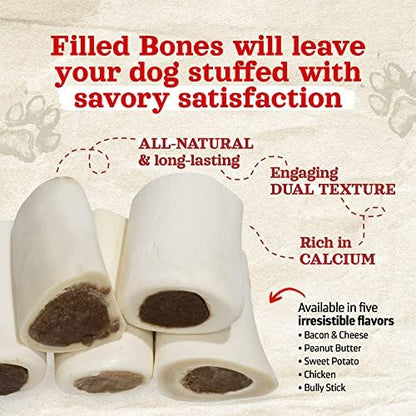 Natural Farm Bacon & Cheese Filled Bones (3-4 Inch, 6 Pack), Limited Ingredient, Natural Stuffed Dental Dog Bone Treats for Dogs, Made with Real Beef