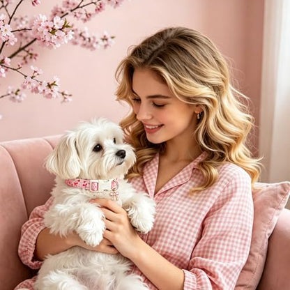 Lionet Paws Dog Collar Bow Spring Summer Pink Plaid Dog Collars with Sailor Bow Pattern Pendant - Female Girl Dogs Collar for Small Medium Large Dogs S