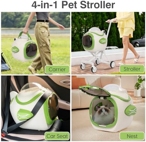 4 in 1 Foldable Pet Stroller with Detachable Carrier for Small Dogs & Cats, Space Capsule Travel Stroller with Inbuilt Fan,Temperature Display & Night Light,Puppy Kitty Doggie Bunny Stroller (Beige)