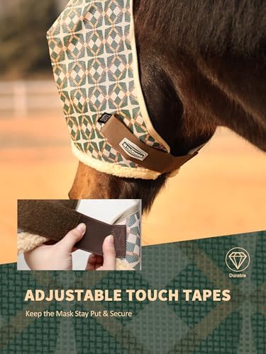 Tackmore Horse Fly Mask Without Ears, Breathable Structured Mesh for Horses, Soft Fleece Edging, UV Protection, Printed Turnout Mask for Pasture-Dark Green Print L