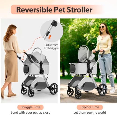 3 in 1 Pet Stroller for Small Medium Dogs,Luxury Dog Stroller with Reversible & Height-Adjustable Handle,Washable Pad&Liner,Rubber Wheels,for Puppy,Senior Pets,Outdoor,Shopping&Vet Visits(Gray)