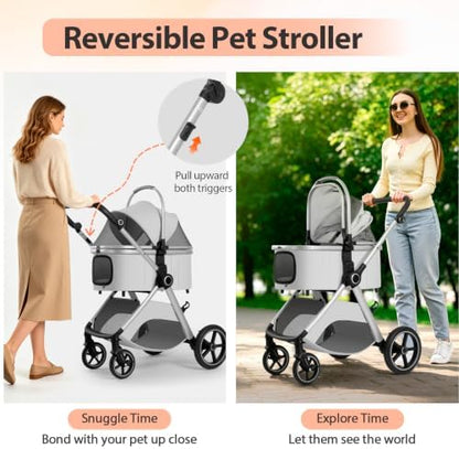 3 in 1 Pet Stroller for Small Medium Dogs,Luxury Dog Stroller with Reversible & Height-Adjustable Handle,Washable Pad&Liner,Rubber Wheels,for Puppy,Senior Pets,Outdoor,Shopping&Vet Visits(Gray)