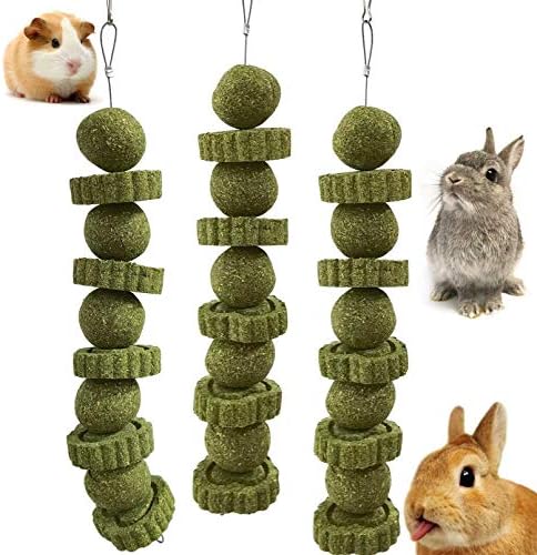 kathson 3Pcs Bunny Chew Toys Rabbit Chewing Toy for Teeth Grinding Chinchilla Treats Timothy Grass Cake Molar Balls for Guinea Pigs Hamsters Gerbils Rats Squirrels Playing Improve Pets Dental