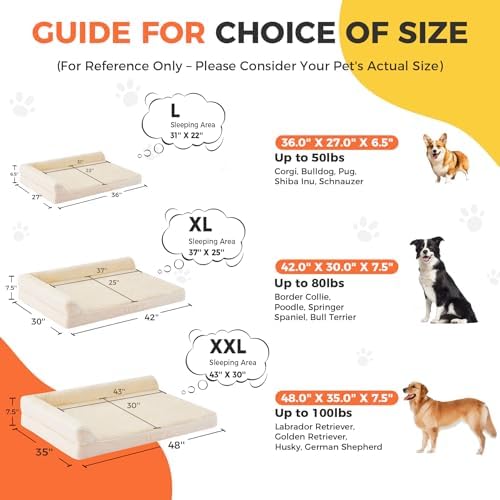 Orthopedic Dog Bed for Medium Size Dog, 36"x27"x6.5", Beige