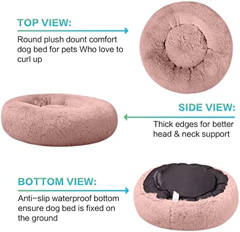SAVFOX 20 inches Calming Donut Dog Bed - 3X Durable Plush Faux Fur, Machine Washable & Non-Slip, Fits up to 15 lbs, Pink