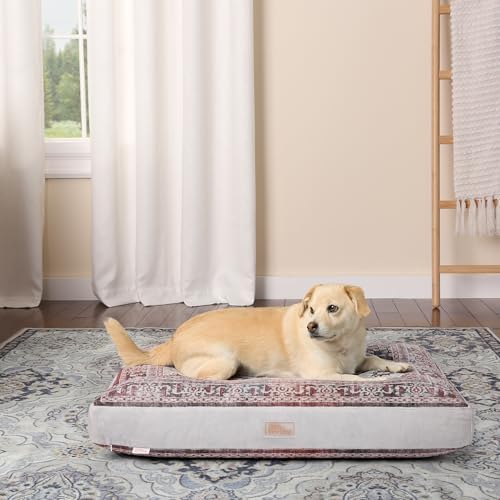 Town & Country Everyday CuddleTown Medallion Everwash® Pillow Pet Bed, Water Repellent Floor Pillow, Machine Washable Cover, Soft & Calming, Red/Greige, Medium 36"x28"x4"