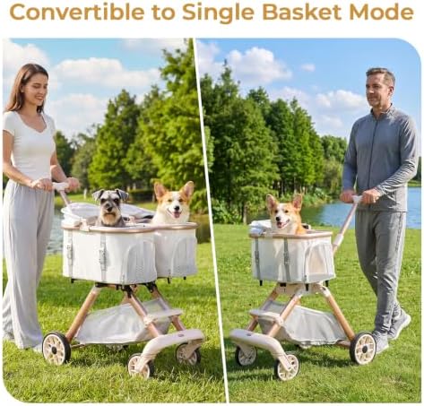 Double Pet Stroller with Detachable Carriers,Ideal for 2 Dogs or Cats,Double Dog Stroller with Small/Medium Pets,Beige