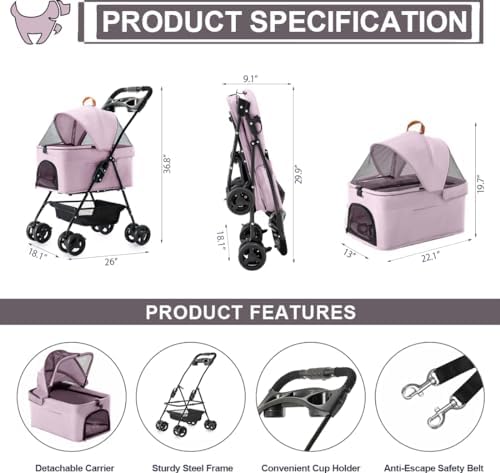 Pet Stroller with Detachable Carrier for Small Dogs & Cats, Pink