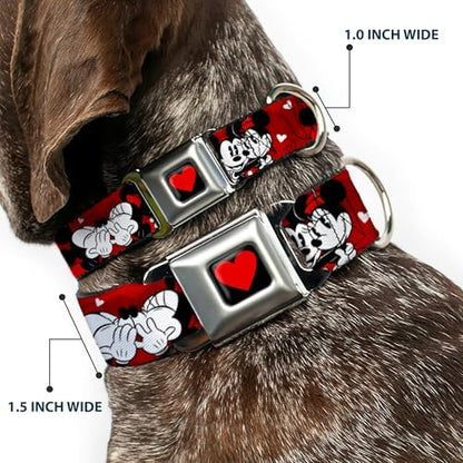 Buckle-Down Dog Collar Seatbelt Buckle Mickey Minnie Hugs Kisses Poses Reds White, Multicolor, 1.5" Wide - Fits 18-32" Neck - Large (DC-WDY290-WL)