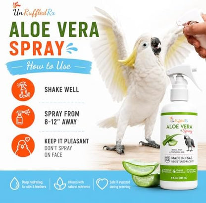 UnRuffledRx Aloe Vera Bird Spray for Parrots | Gentle Daily Support for Itchy Skin, Scratching, Dry Feathers & Feather Comfort | Fragrance Free & Safe if Preened, 8 oz