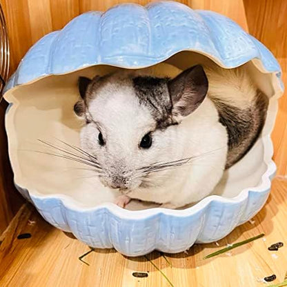 Small Animal Hideout Extra Large Ceramic Shell Shape Guinea Pig House Chinchilla Igloo Habitat Hut Cave Summer Bed Cage Accessories for Hedgehog Rabbit Hamster Gerbil Rat (XL (9.5''x7''x7.9''), Blue)
