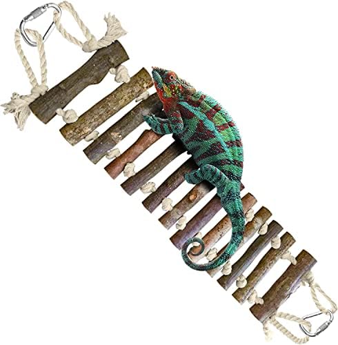 SunGrow Gecko Wooden Ladder Bridge, 14 x 3 inches, Exercise Gym, Interactive Swing Perch for Resting, Metal Clasps for Hanging, Vertical Stairs for Climbing