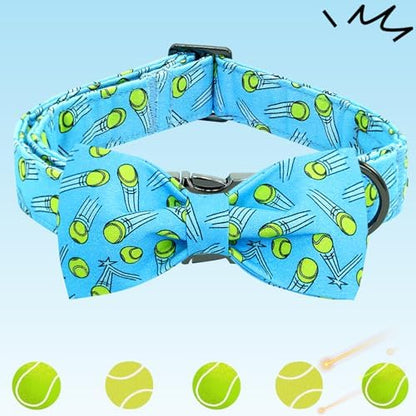Dog Collar-Tennis Balls Print Adjustable Pet Collar Cute Cotton Soft Collars with Bow Tie Spring Summer Metal Buckle Puppy Collar Gift for X-Large Dogs