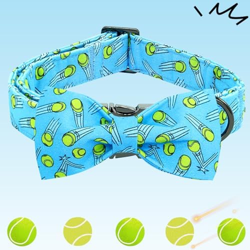 Dog Collar-Tennis Balls Print Adjustable Pet Collar Cute Cotton Soft Collars with Bow Tie Spring Summer Metal Buckle Puppy Collar Gift for Medium Dogs