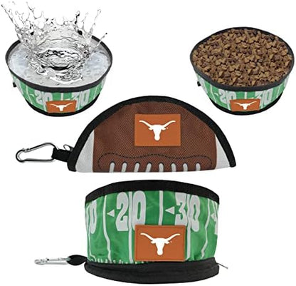 Pets First NCAA Texas Longhorns Collapsible Dog Travel Bowl, Food and Water Bowl for Dogs & Cats. Lightweight Leak-Proof Pet Bowl for Travel with Football Field & Pebble-Grain Design