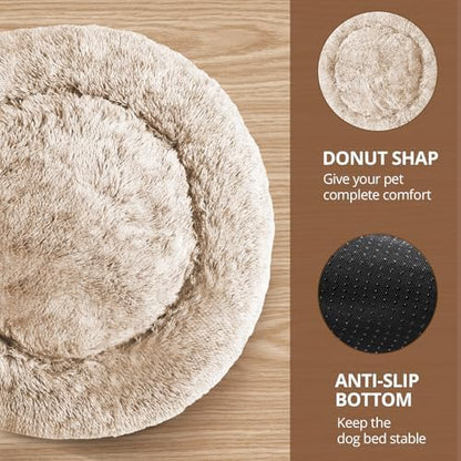 JOLLYVOGUE Calming Dog Bed Medium Size Dog, Anti-Anxiety Donut Medium Pet Bed, 27 inches Fluffy Faux Fur Round Cat Bed (Cream Brown)