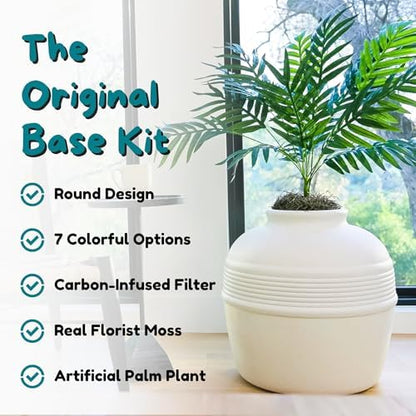 Good Pet Stuff Original Hidden Litter Box Planter, Decorative Cat Litter Enclosure, Carbon Filter, Faux Plant, Round Design, Easy to Clean, Base Kit, Palm Plant, Soft White