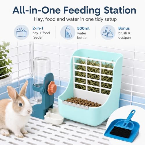 HERCOCCI Rabbit Hay Feeder and Water Bottle Set, 500ml Bunny Water Dispenser with Food Bowl, 2-in-1 Hay Rack Feeder for Guinea Pig, Chinchilla, Hedgehog, Small Animals