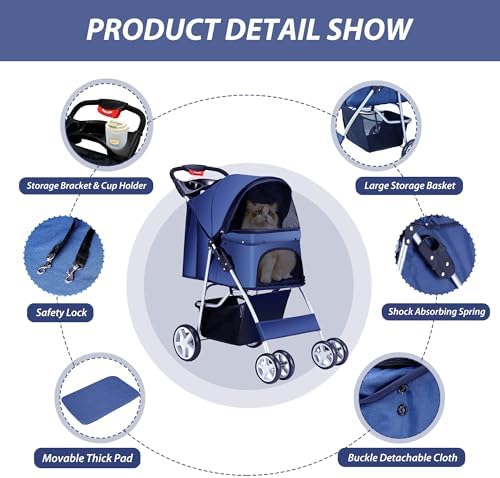 Unisakey Foldable 4-Wheel Pet Stroller for Dogs Cats 10-33lbs, Navy Blue