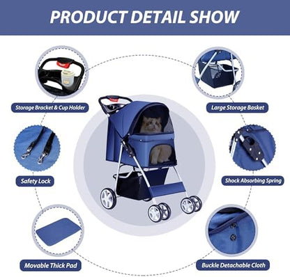 Unisakey Foldable 4-Wheel Pet Stroller for Dogs Cats 10-33lbs, Navy Blue