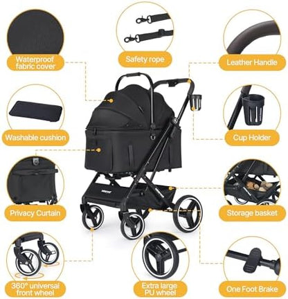 X3 Pet Stroller for Medium Dogs Cats Up to 55 lbs or Two Small Pets, Black