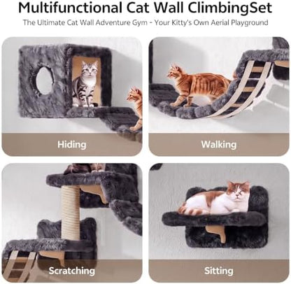 Cat Wall Furniture, 9 in 1 Cat Wall Shelves Set with Bridge, Grey