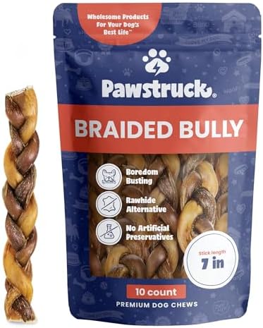 Pawstruck Natural 7” Braided Bully Sticks for Dogs, Tough Long-Lasting, Rawhide-Free, Low Odor, Healthy Single Ingredient Chew Treat for Aggressive Chewers, 10 Count, Packaging May Vary