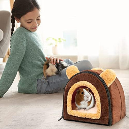 Pet Soft Guinea Pig & Rabbit Cozy Hideout House - Small Animal Bed for Guinea Pigs, Rabbits, Hamsters, Rats & Chinchillas Cave Bed (Coffee)