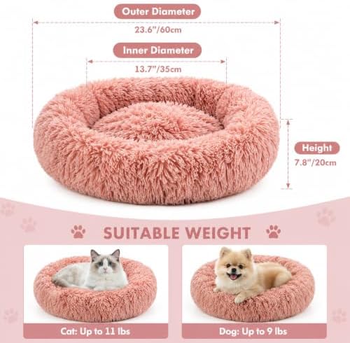 Cat Beds for Indoor Cats, Round Fluffy Cute Small Cat Bed, Washable Anti-Slip Donut Pet Bed, Round Dog Bed for Small Pets (Pink)