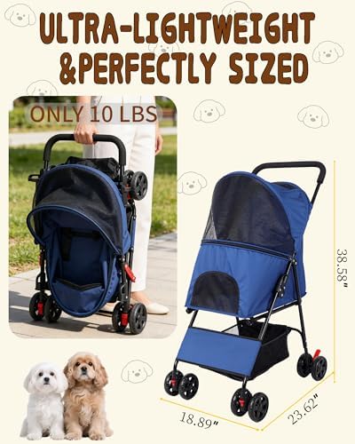 Pet Stroller for Small Dogs Cats, Lightweight Foldable Dog Stroller-Blue
