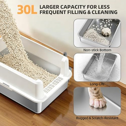 WoofiGo XXL Stainless Steel Cat Litter Box, High Sided Open Top Litter Pan