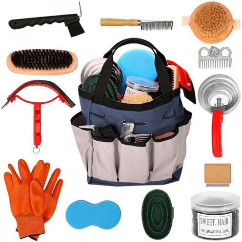 Horse Grooming Kit 13 Piece, Complete Horse Brushes & Grooming Supplies Set with Organizer Bag, Curry Comb, Hoof Brush, Bath Brushes & Accessories for Horse Care