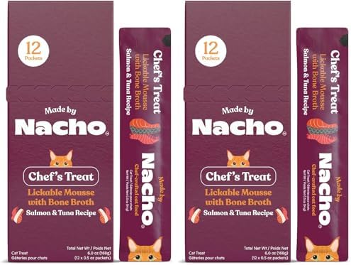 Made by Nacho Lickable Cat Treats Mousse Tubes 12 Count with Bone Broth Salmon & Tuna Recipe (.5 oz) No Grains, Corn, Wheat or Soy (Pack of 2)
