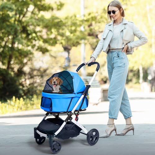 Pet Stroller for Small Dogs and Cats, 33 lb, One-Hand Fold, Blue