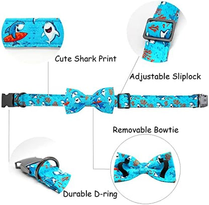 Summer Blue Shark Print Dog Collar with Bow for Medium Dogs