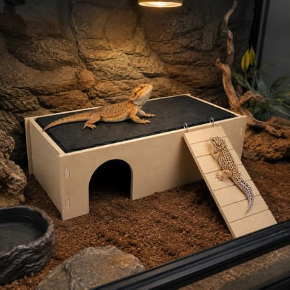 2-in-1 Reptile Basking Platform with Slate Rock Surface and Removable Climbing Ladder, Bearded Dragon Hideout Cave and Sunbathing Ledge for Leopard Geckos, Lizards, Small Snakes, Tortoises